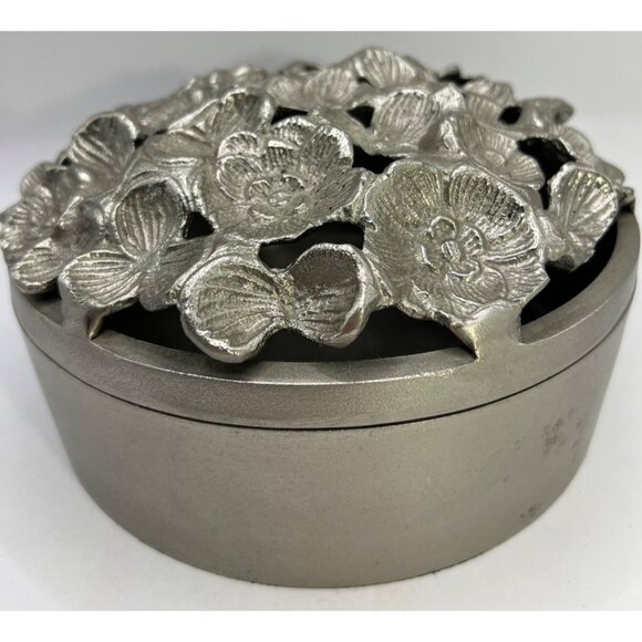 Solid 2 Piece Pewter Container W/ Lid Decor 3D Cutout Flowers, Dogwood Blooms - Picture 4 of 7